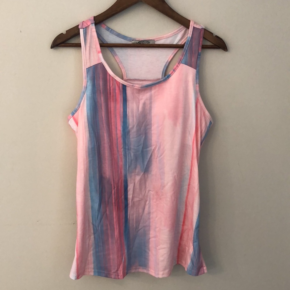 Sese Code racer back athletic Tank Top pink blue tie dyed built in bra SZ Med